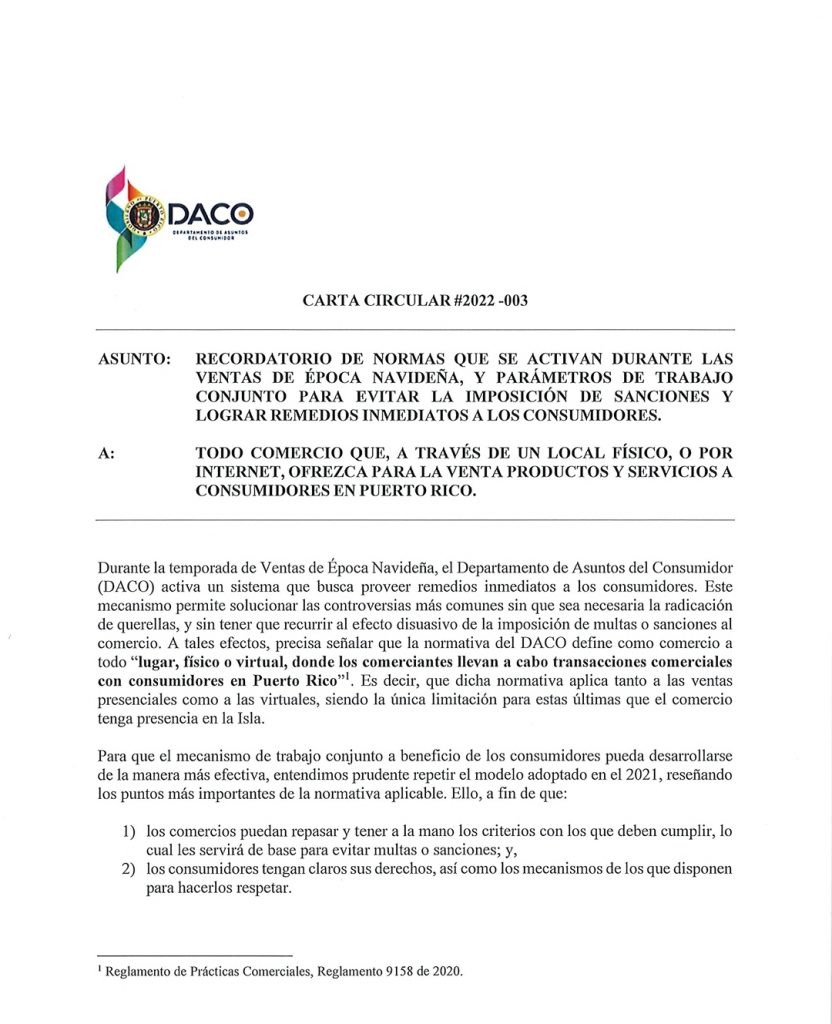 Carta Circular 2022-003 sobre RECORDATORIO DE NORMAS QUE SE ACTIVAN  DURANTRE LAS VENTAS DE ÉPOCA NAVIDEÑA, A TODO COMERCIO QUE, ATRAVÉS DE UN  LOCAL FÍSICO, O POR INTERNET, OFREZCA PARA LA VENTA